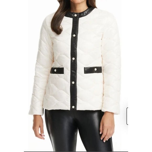 KATE SPADE Imitation Pearl Snap Quilted Jacket In Cream Size Medium M